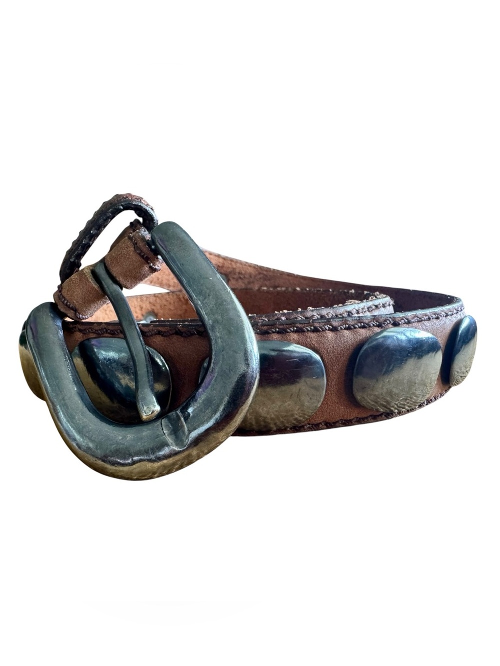 Vtg 80s Billy Brown Leather Concho Belt Silver Coated Pewter Sz 28 Western Boho - Picture 2 of 8